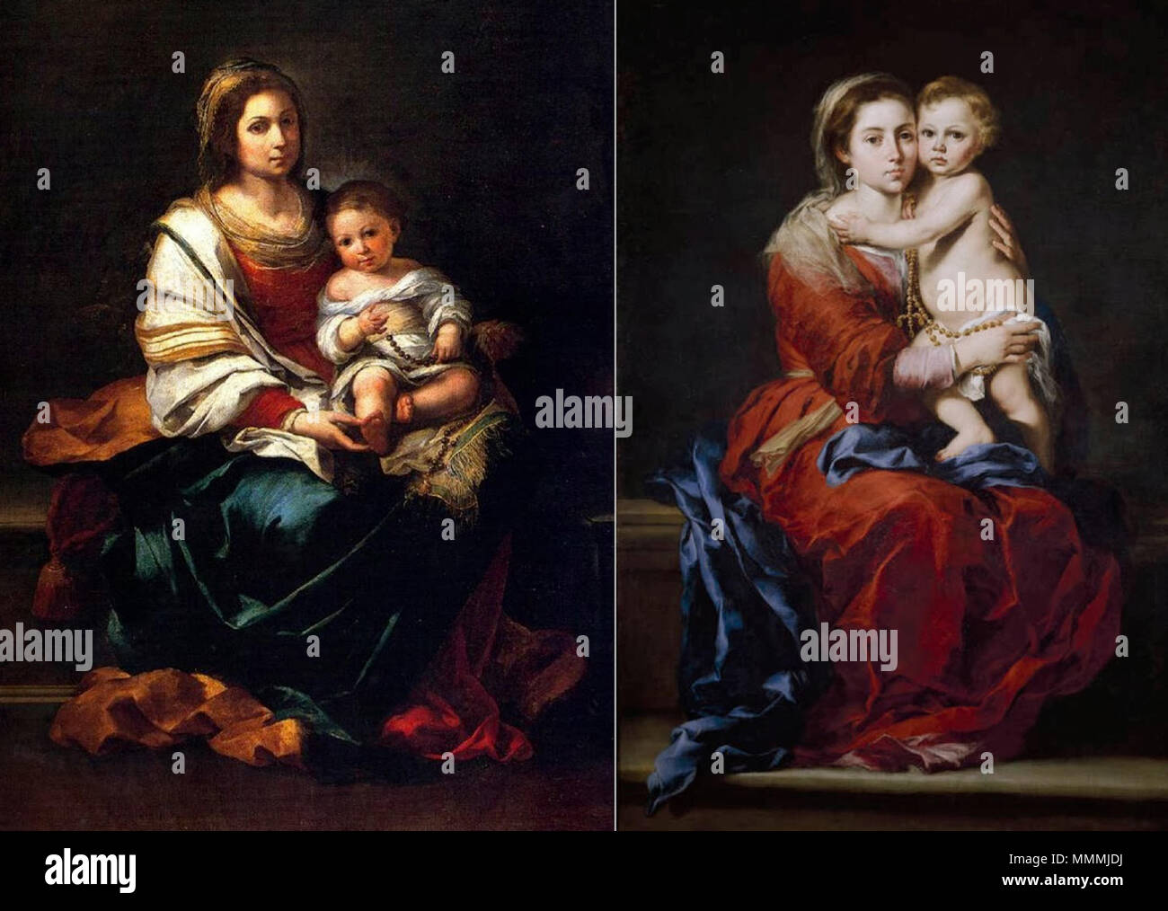 Español: Pinturas de la Virgen del Rosario con niño de Bartolomé Esteban conservadas en el Museo de Goya en Castres y en el Museo del Prado en Madrid . entre