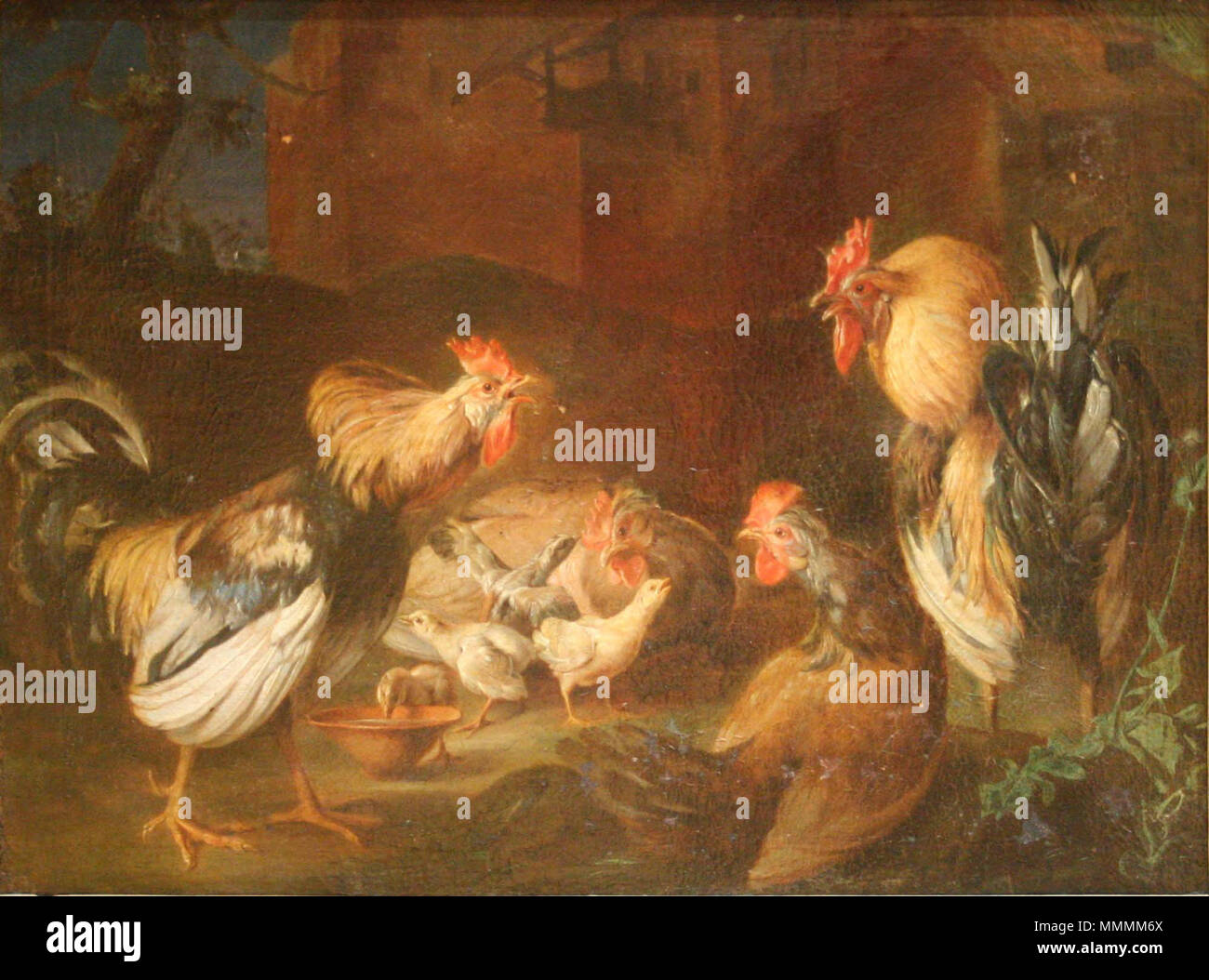 Inglés: Los Gallos, gallinas y polluelos Français : poules et poussins Adriaen van poules et poussins Fotografía de stock - Alamy