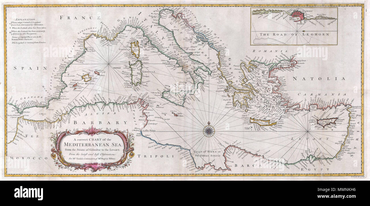 Inglés: un amplio y atractivo coloreado a mano 1745 mar gráfico de toda la  región mediterránea. Dibujado con bastante detalle la mayoría de puertos  claramente etiquetadas. Título grande orla en el