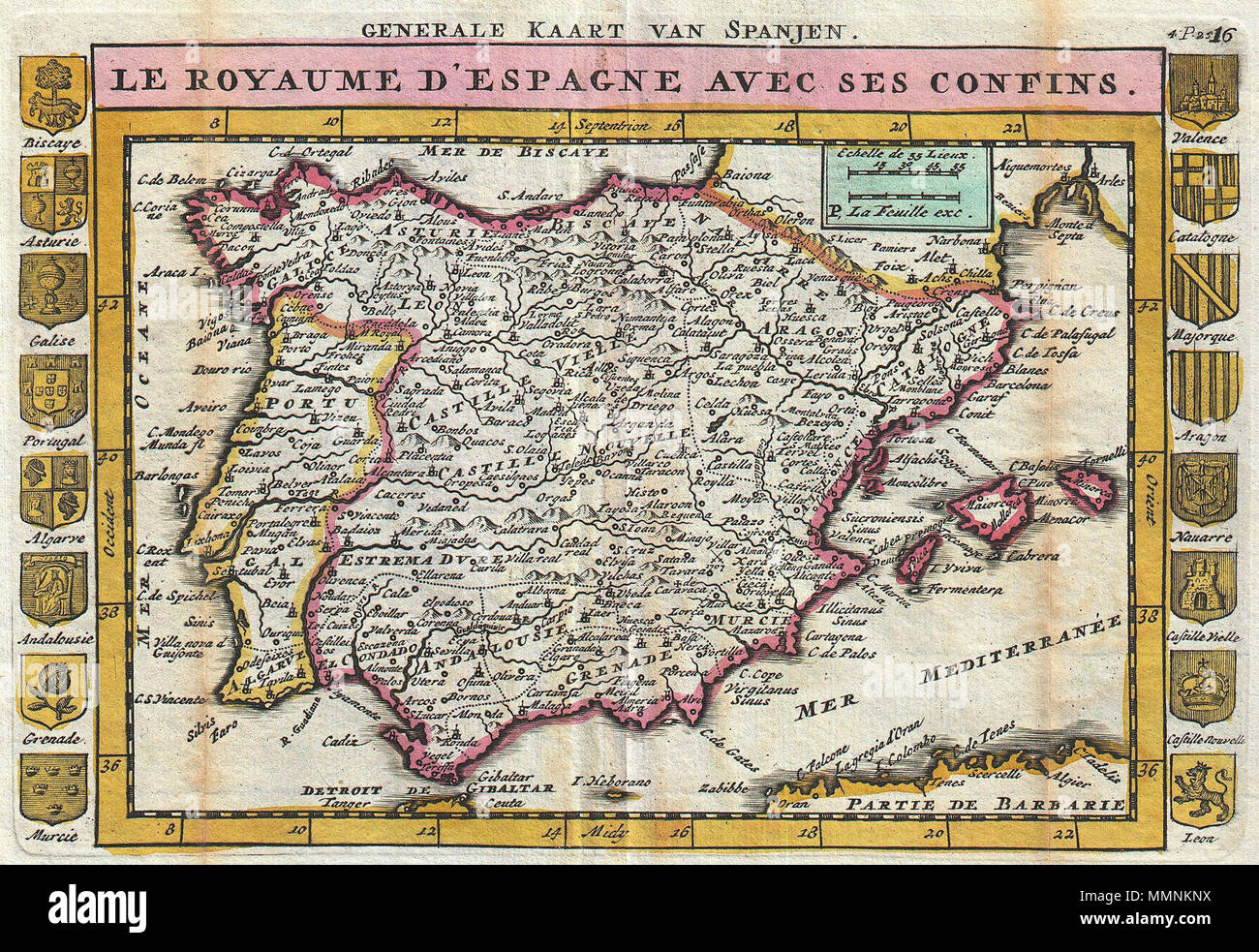 Inglés: un asombroso mapa de España y Portugal primera dibujado por Daniel  de la Feuille en 1706. Representa a la totalidad de Iberia, incluyendo las  Islas Baleares, partes de Francia y