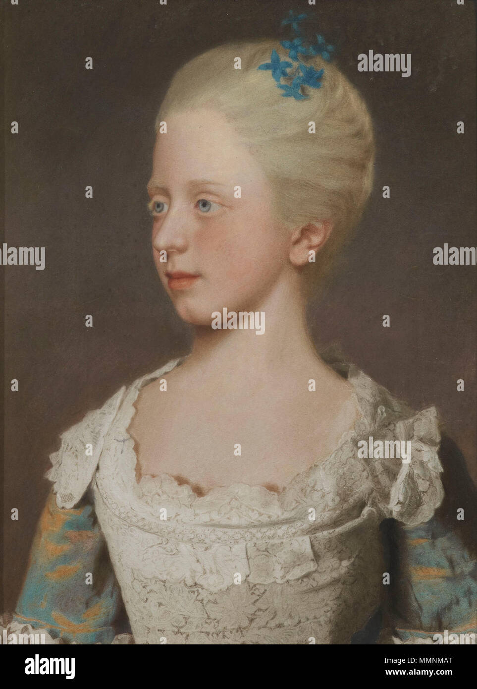 . En 1754 Augusta, la Princesa de Gales, encargó un par de retratos de ella y su difunto marido Frederick, Príncipe de Gales (el hijo mayor de George II, quien había fallecido en 1751), y una serie de retratos de ella y sus nueve hijos, de Jean-Etienne Liotard. Retrato de la princesa Elizabeth Caroline (1740-1759). 1754. Elizabeth Caroline 1754 por Liotard Foto de stock