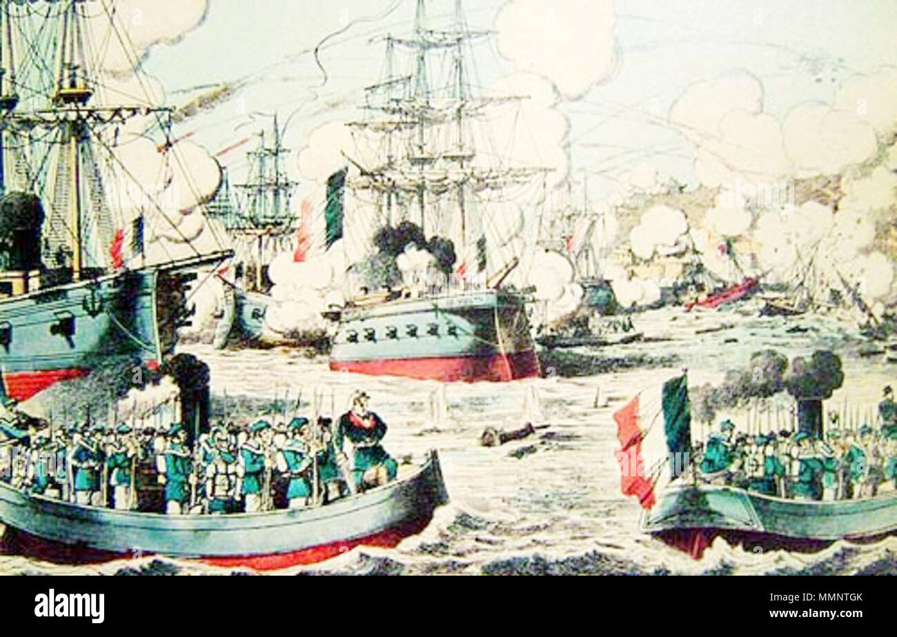 . 1800 ilustración de buques franceses disparando a Qing baterías costeras en Fuzhou. . 29 de noviembre de 2008, 18:13. Autor desconocido hace 200 años 6 1800s pintura Francia Qing batalla naval Fuzhou Foto de stock