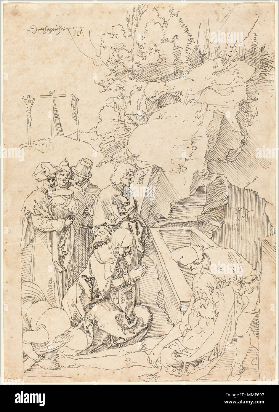 La sepultura; Dibujo de lápiz y tinta sobre papel gris sentado; total: 29,2 x 21 cm (11 1/2 x 8 1/4 in.); Alberto Durero - La Sepultura Foto de stock