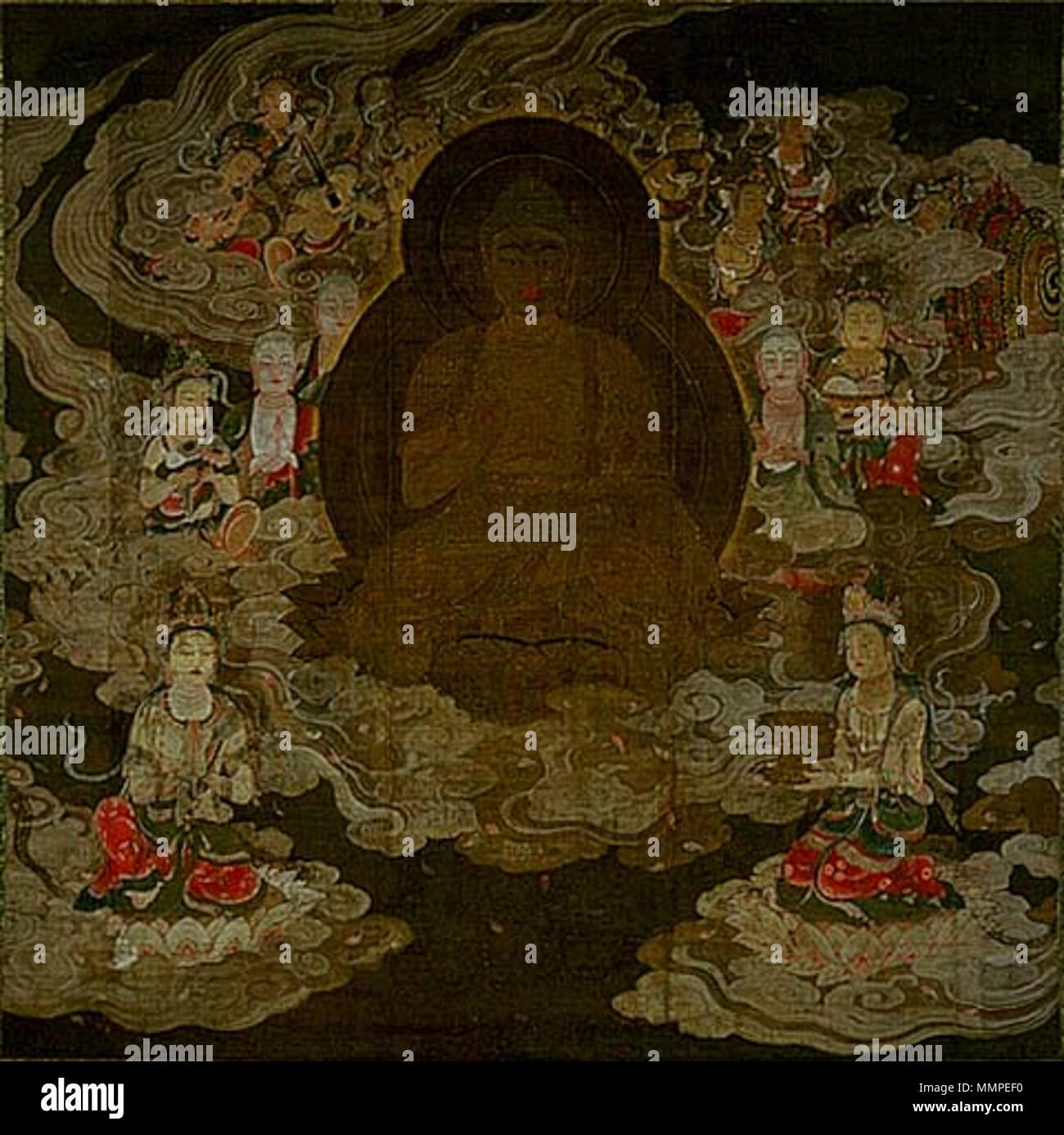 Amida Raig? Imagen de Amitabha - J?do-sh? ("Tierra Pura escuela'). Central de tres pergaminos colgantes (tríptico). Tarde el período Heian (794 - 1185 CE). AmidaRaigo desconocido Foto de stock