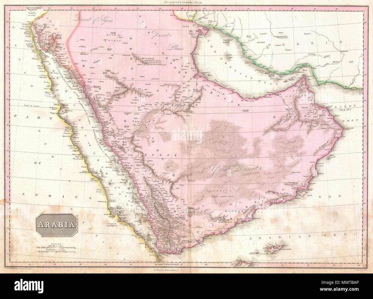 . Inglés: Extraordinaria mapa de gran formato de Arabia, publicado en 1818 por el cartógrafo John Pinkerton. Centrado en el desierto de la provincia, este mapa Neged detalles toda la península arábiga, así como el Mar Rojo, el Golfo Pérsico, y las partes adyacentes de África y Persia. Abarca los países de la moderna Arabia Saudita, Yemen, los Emiratos Árabes Unidos, Omán, Qatar y Kuwait. Pinkerton ofrece un nivel de detalle extraordinario en todo observando detalles tanto físicos como políticos. Cuando este mapa fue realizado en el interior de Arabia era poco conocido en los círculos europeos. La mayoría del material cartográfico utilizado para compo Foto de stock