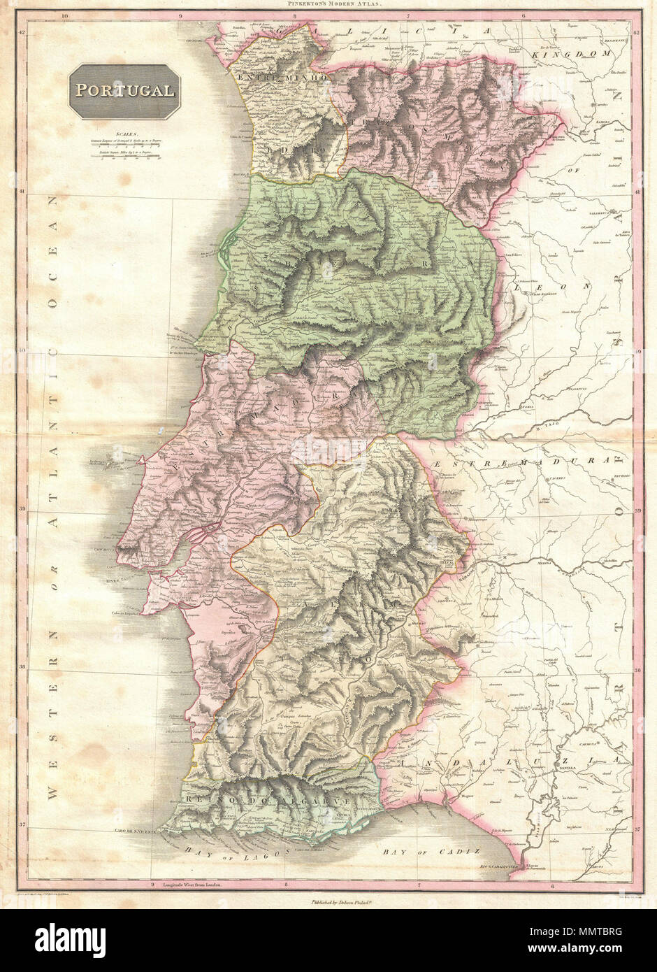 Inglés: Pinkerton la extraordinaria 1818 Mapa de Portugal. Tapas de toda la  nación de Portugal, así como de piezas adyacentes de las provincias  españolas de Galicia, León, Extremadura y Andalucía. Ofrece