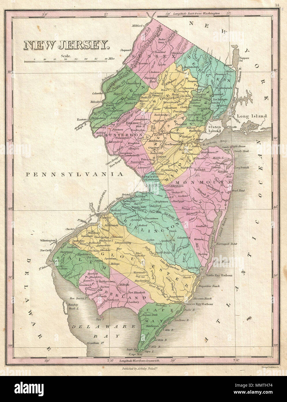 Inglés: un hermoso de Finley es importante 1827 Mapa de Nueva Jersey. Describe con detalle el estado moderado de Finley del clásico minimalista. Muestra caminos fluviales, carreteras, canales y