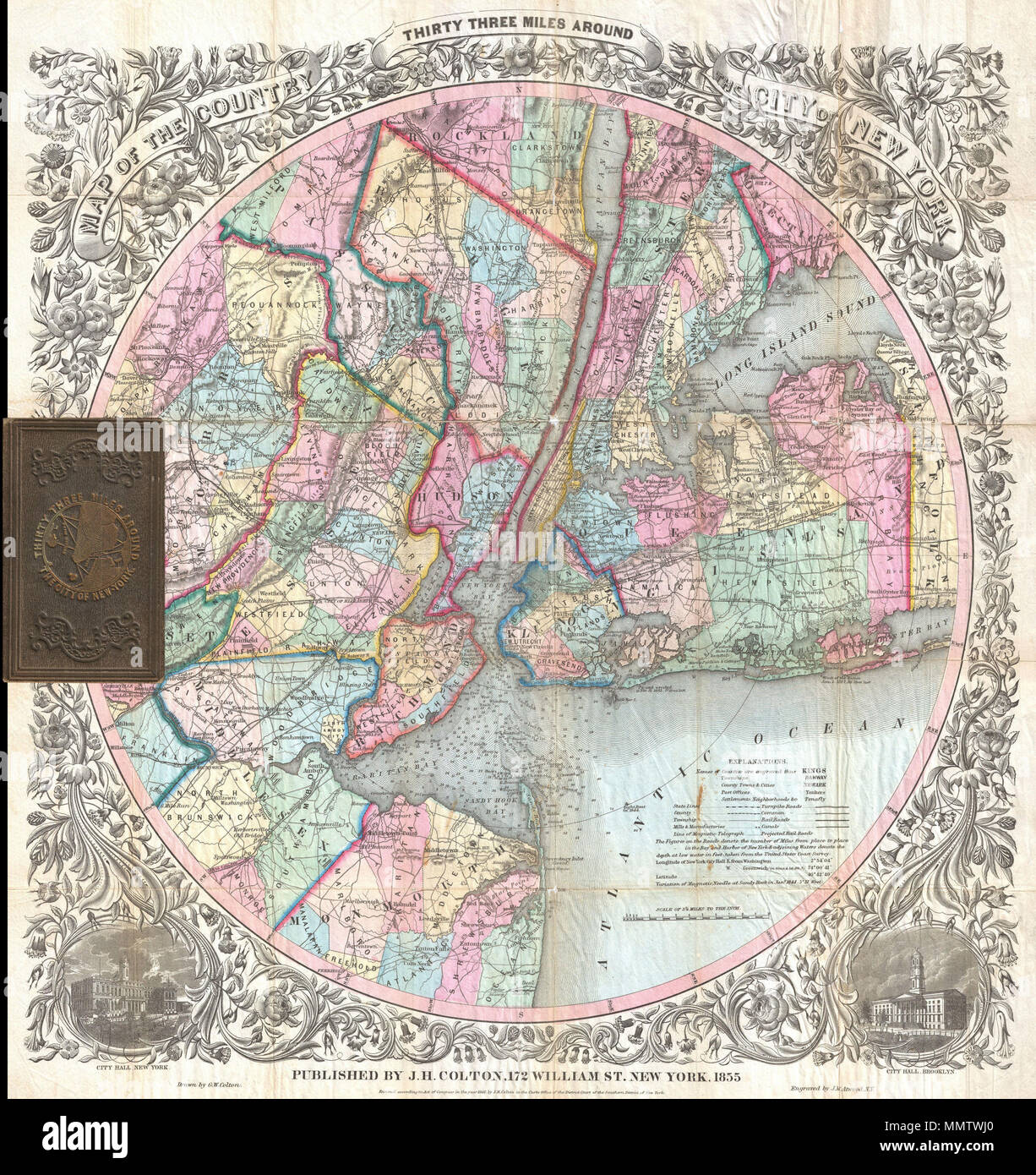 . Inglés: Esta es la extremadamente rara la edición 1855 de uno de los más bellos mapas de bolsillo de Nueva York, realizados en el siglo XIX: Colton's treinta y tres millas alrededor de la ciudad de Nueva York . Cubre la ciudad de Nueva York y sus alrededores tan al sur como Ocean County, New Jersey, como Extremo Oriente en el condado de Suffolk, como el norte lejano como Rockland County, y tan lejos al oeste como al condado de Somerset. Muestra el área en considerable detalle, con especial atención a los asentamientos, los peajes, carreteras y vías férreas. La bahía y el Puerto de Nueva York ofrece numerosos sondeos de profundidad tomadas desde la costa de EE.UU. 1850 Estudio gráfico de la región. Rodeado b Foto de stock