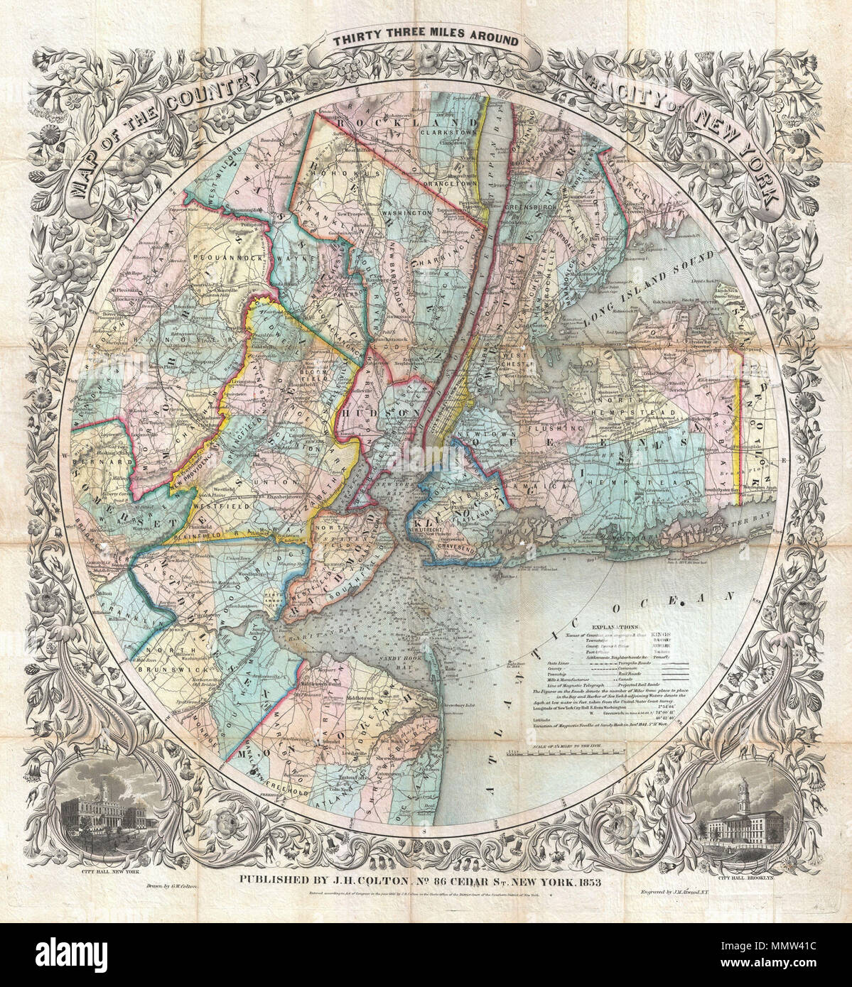 . Inglés: Esto es extremadamente raro 1853 edición de uno de los más bellos mapas de bolsillo de Nueva York, realizados en el siglo XIX: Colton's treinta y tres millas alrededor de la ciudad de Nueva York . Cubre la ciudad de Nueva York y sus alrededores tan al sur como Ocean County, New Jersey, como Extremo Oriente en el condado de Suffolk, como el norte lejano como Rockland County, y tan lejos al oeste como al condado de Somerset. Muestra el área en considerable detalle, con especial atención a los asentamientos, los peajes, carreteras y vías férreas. La bahía y el Puerto de Nueva York ofrece numerosos sondeos de profundidad tomadas desde la costa de EE.UU. 1850 Estudio gráfico de la región. Rodeado b Foto de stock