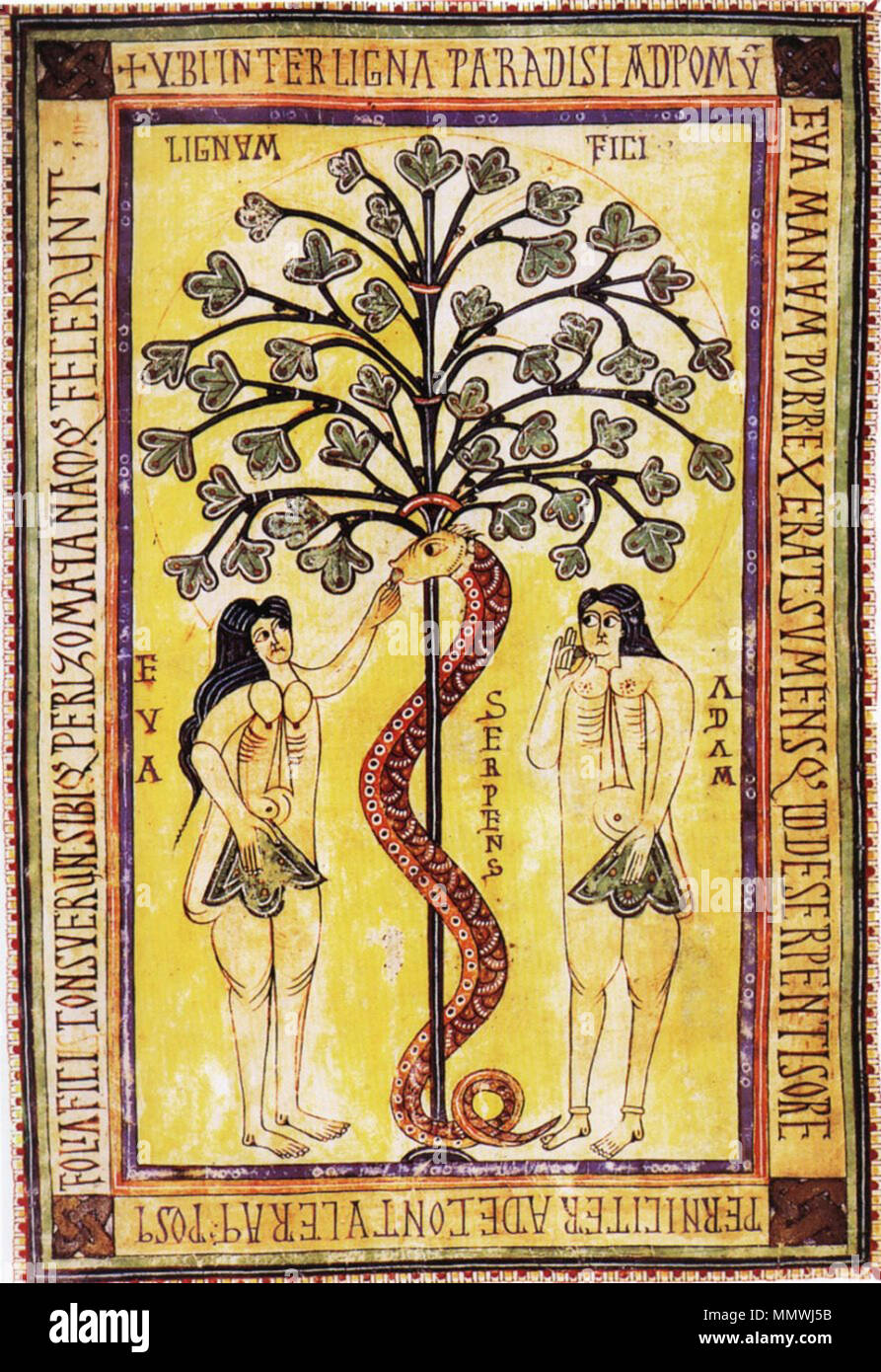 . Español Adán y Eva y el árbol del bien y el mal, la miniatura del