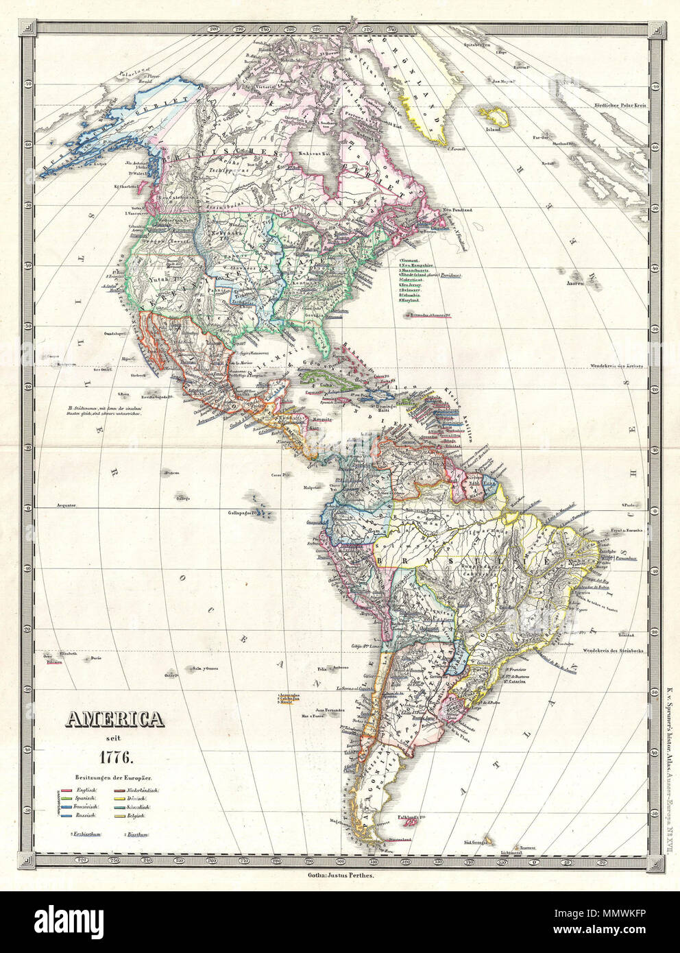 Inglés: Esto es Karl von Spruner 1855 Mapa de América del Norte y del Sur  "desde 1776", incluida Groenlandia al norte, Tierra del Fuego e islas  Malvinas, hacia el sur, y