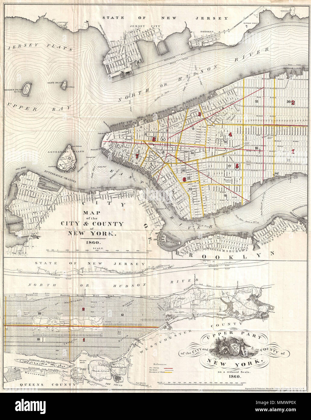 Inglés: Un atractivo mapa de la ciudad de Nueva York publicó en 1860 por  San Valentín Manual de la corporación de Nueva York . Básicamente dos mapas  en uno. La parte