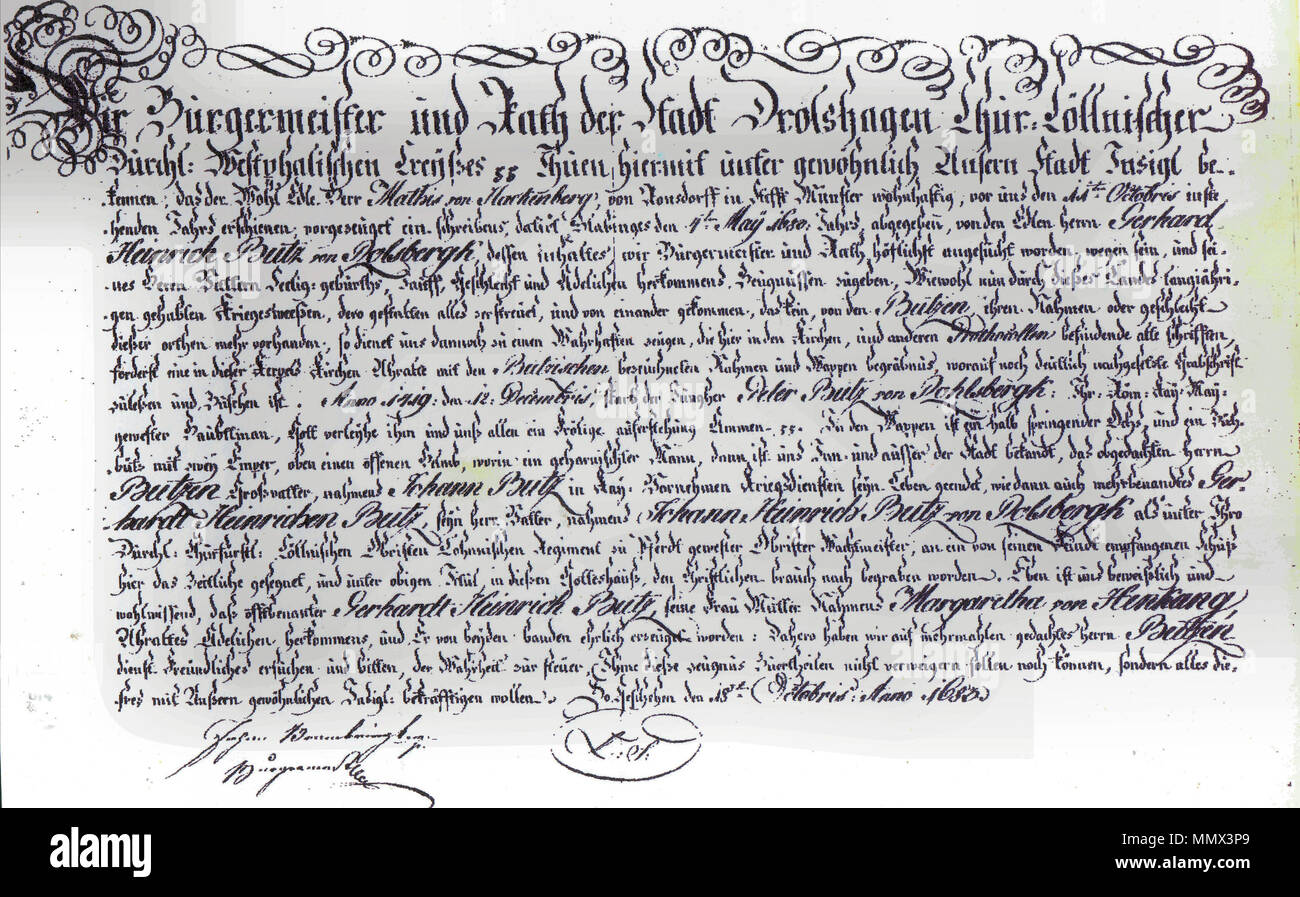 Dokument der Stadt Drolshagen von 1683 über die Herkunft der Familie Putz von Rolsberg Foto de stock