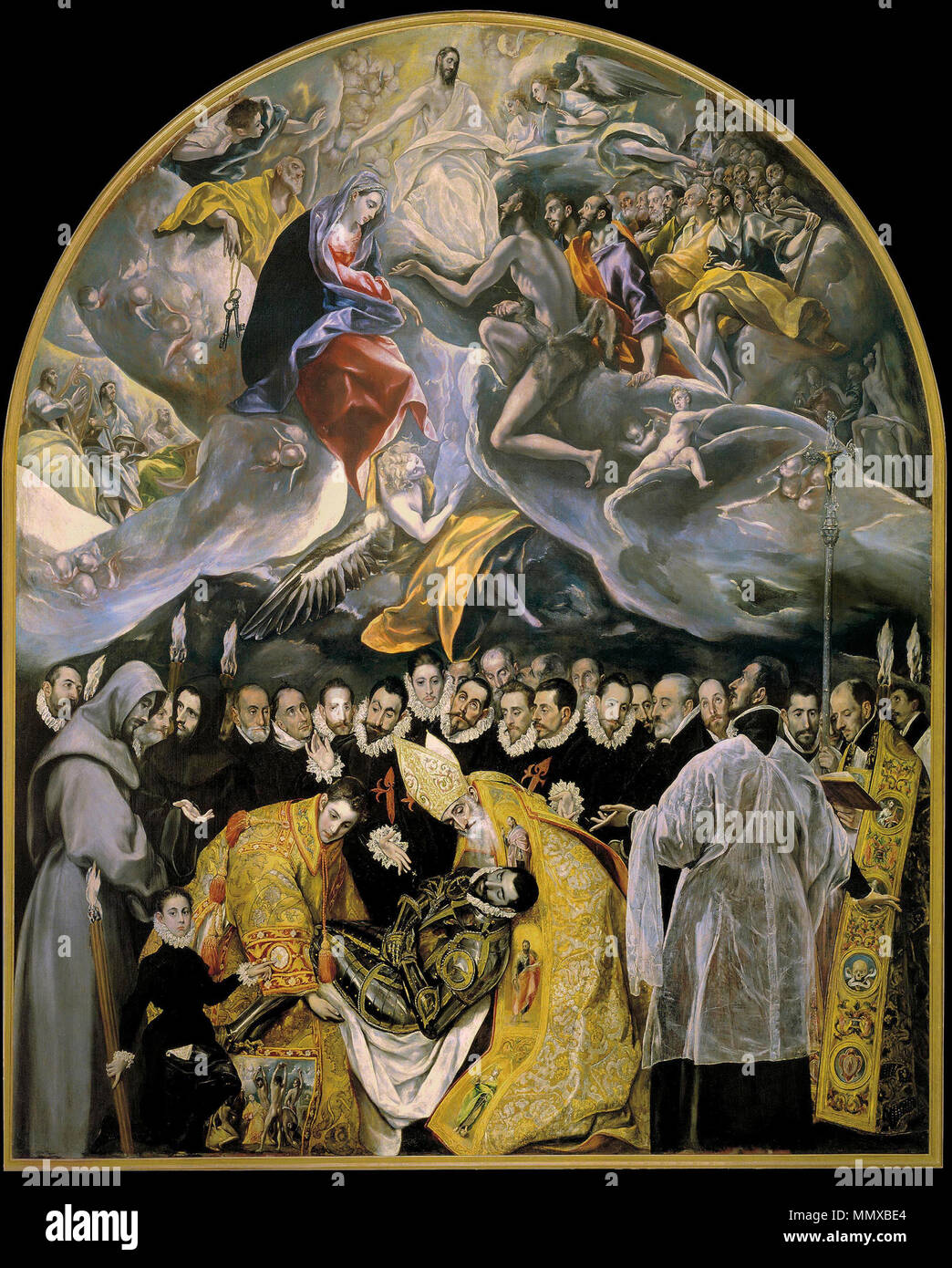 . Español: El entierro del Señor de Orgaz, más conocido como El entierro del conde de Orgaz, es un óleo sobre lienzo pintado en estilo manierista por El Greco entre los años 1586 y 1588. Fue realizado para la iglesia de Santo Tomé de Toledo (España), donde aun permanece, y es considerada una de las las mejores obras de su autor. El cuadro representanuna el milagro en el que, según la tradición, San Esteban y San Agustín de Hipona bajaron del cielo para enterrar personalmente a Gonzalo Ruiz de Toledo, señor de la villa de Orgaz y fallecido en 1323, en la iglesia de Santo Tomé, como premio por su Foto de stock