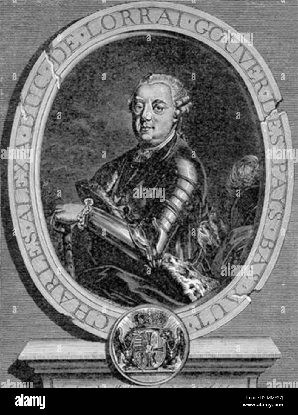 . Inglés: el Príncipe Carlos Alejandro de Lorena, 1712-1780, hijo del duque Leopoldo I de Lorena, José y Princesa Charlotte Elisabeth de Francia (hija de Elisabeth Charlotte, la Princesa Palatine, y Duke Philipp I. de Orléans), marido de la archiduquesa María Anna de Austria Français : 1712-1780 Charles-Alexandre de Lorraine, fils de Leopoldo I duc de Lorraine et et duc de Bar, et d'Elisabeth Charlotte princesse d'Orléans. Retrato de Charles Alexander de Lorena (1712-1780). circa 1775. Charles Alexandre Lorena 1712 1780 ingr Foto de stock