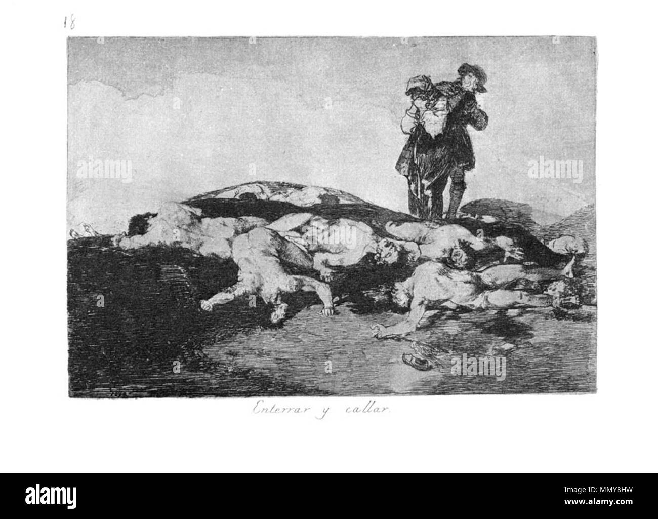 . Los Desatres de la guerra es un conjunto de 80 aguatinta imprime creados por Francisco de Goya en el 1810s. 18: placa de enterrar y callar. (Entierran y callado. ) . 1810s. Francisco de Goya (1746-1828) Nombres alternativos Francisco de Goya y Lucientes Francisco de Goya y Lucientes, Francisco José de Goya Lucientes Descripción pintor, grabador, escultor y grabador lithographer, Fecha de nacimiento y muerte el 30 de marzo de 1746 16 de abril de 1828 Lugar de nacimiento/muerte Fuendetodos Burdeos ubicación de trabajo Madrid, Zaragoza, el control de la autoridad de Burdeos : Q5432:?54343141 ISNI VIAF:?0000 0001 2280 1608 ULAN:?50011 Foto de stock