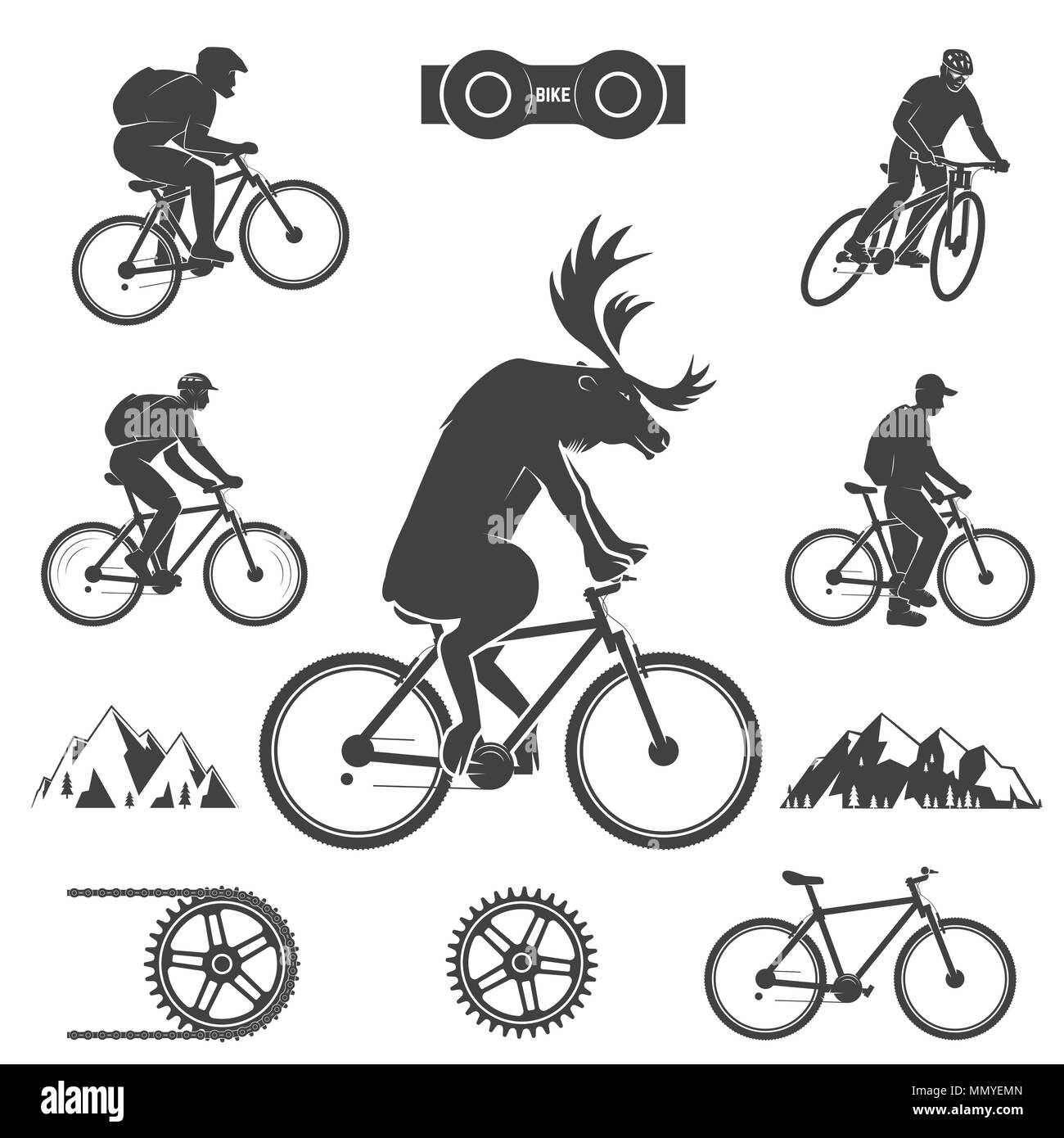 Juego de ciclismo de montaña en bicicleta iconos. Conjunto incluyen Deer va en bicicleta, mens la montaña bikings y para Ilustración vectorial. Mtb spo Imagen de stock -