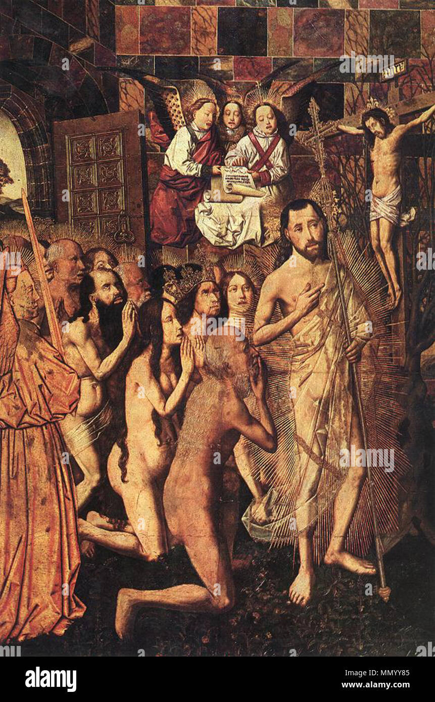 Matusalén, Salomón y la Reina de Saba, y Adán y Eva llevan la procesión del  justo detrás de Cristo. Cristo los patriarcas al paraíso. circa 1480.  Bartolomé Bermejo (1440-1500) Descripción pintor
