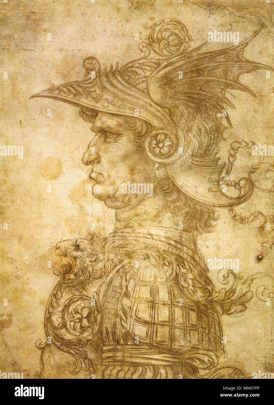 LEONARDO da Vinci el perfil de un guerrero en el casco Silverpoint sobre  papel preparado, 285