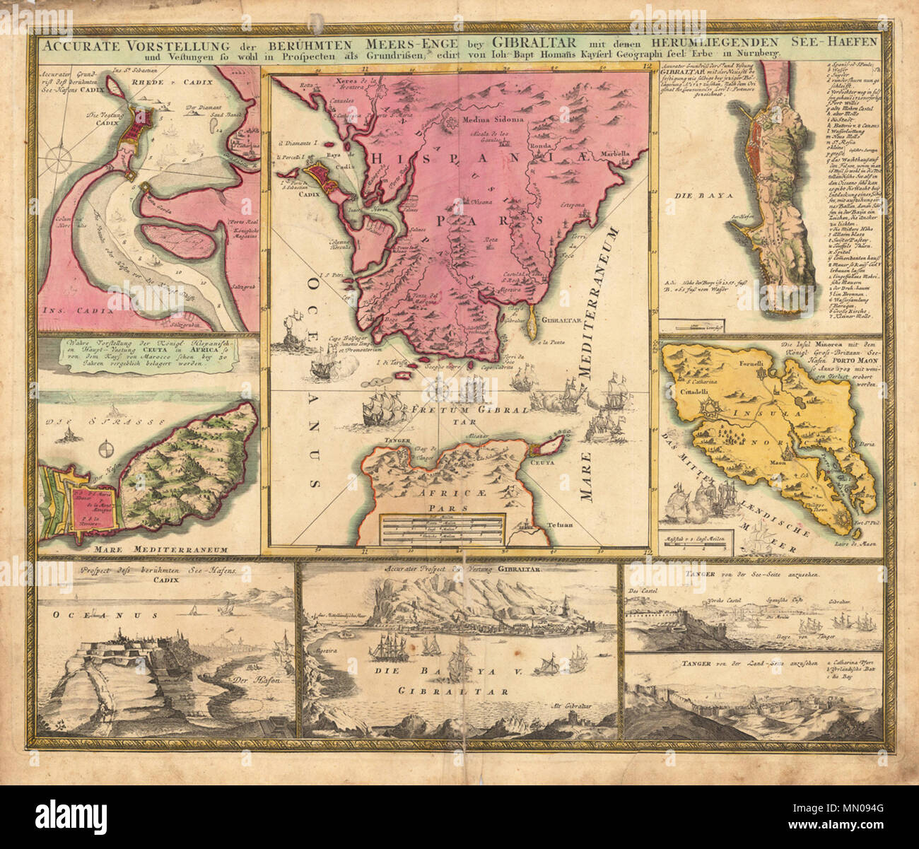 . Inglés Mapa y perspectiva de Gibraltar con siete mapas insertados