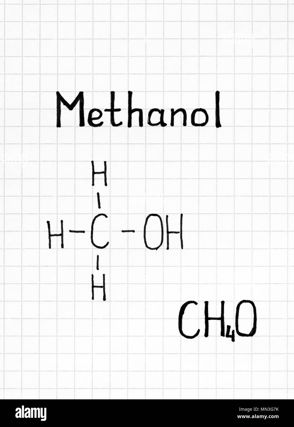 La fórmula química de Metanol. Close-up. Foto de stock