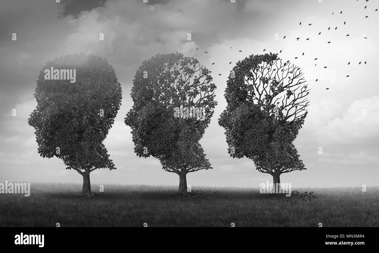 Concepto de pérdida de memoria y el envejecimiento del cerebro debido a la demencia y la enfermedad de alzheimer como un icono de médicos con caída de árboles con forma de cabeza humana. Foto de stock