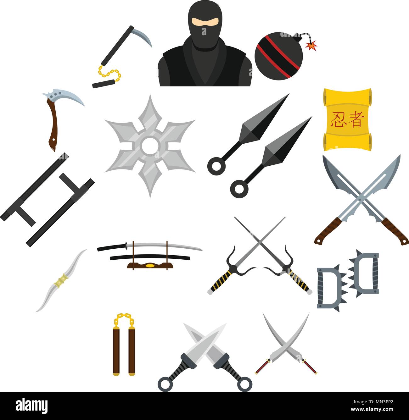 Iconos de herramientas Ninja en estilo plano Imagen Vector de stock - Alamy