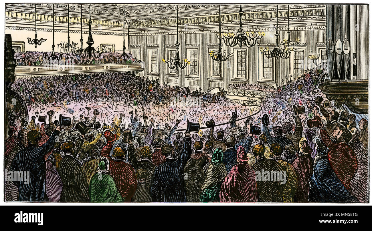 Rev. Henry Ward Beecher defendiendo la Unión causa en Exeter Hall, Londres, 1863. Xilografía coloreada a mano Foto de stock