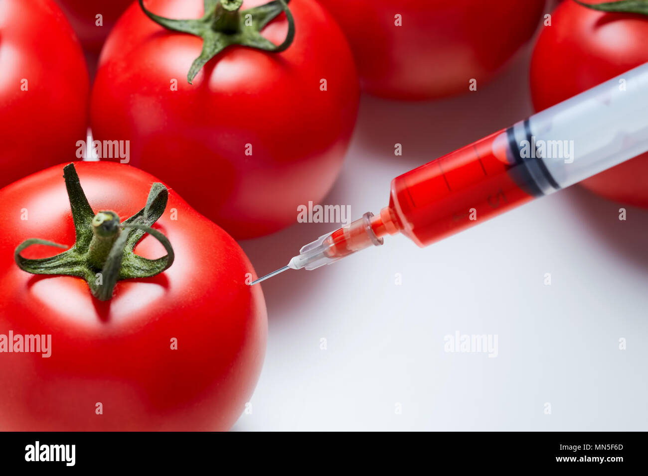Primer plano de una jeringa de inyectar un líquido rojo de los tomates rojos frescos. Concepto de modificación genética. Foto de stock