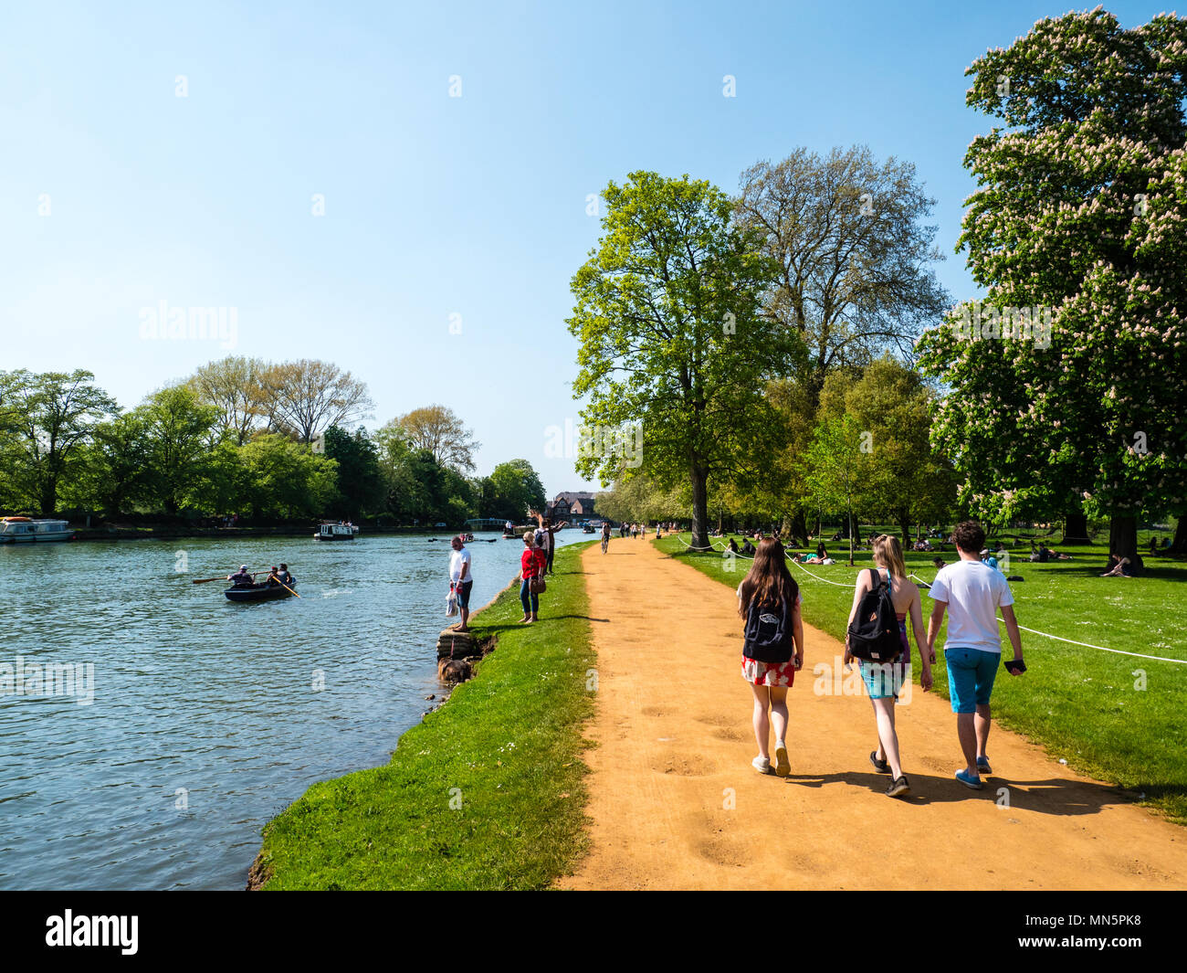 La gente caminando, día de verano, Christchurch Meadow caminar, el Río Támesis, Oxford, Oxford, Inglaterra, Reino Unido, GB. Foto de stock