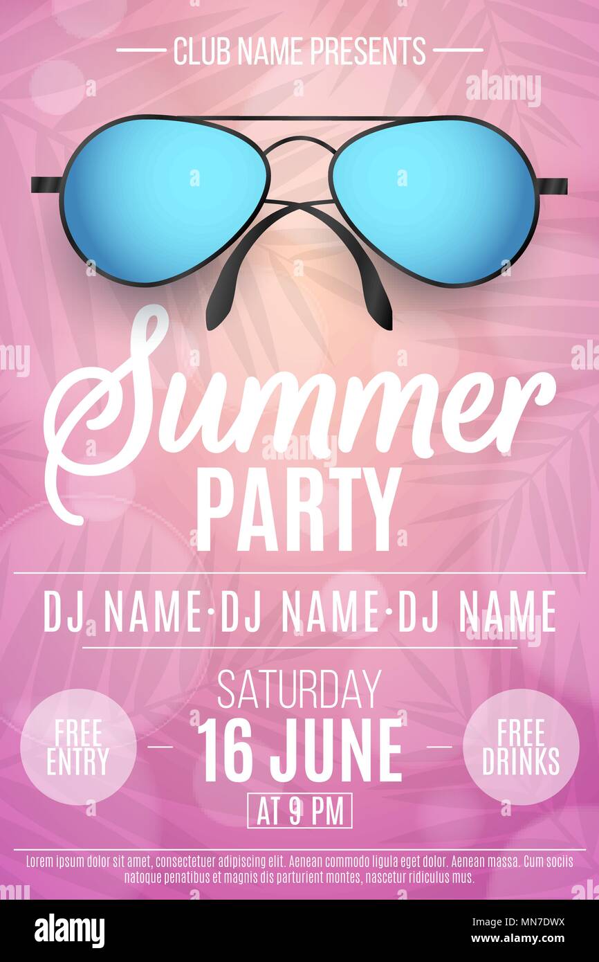 Cartel para fiesta de Gafas de sol en la playa sobre un fondo de color rosa palmeras. bokeh. Los nombres de los club y DJ. Discoteca estacional flyer.