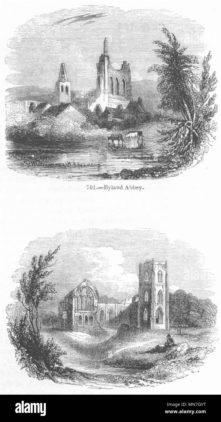 YORKS. Abadía de Byland ; Fountains Abbey 1845 vintage antigua imagen de impresión Foto de stock