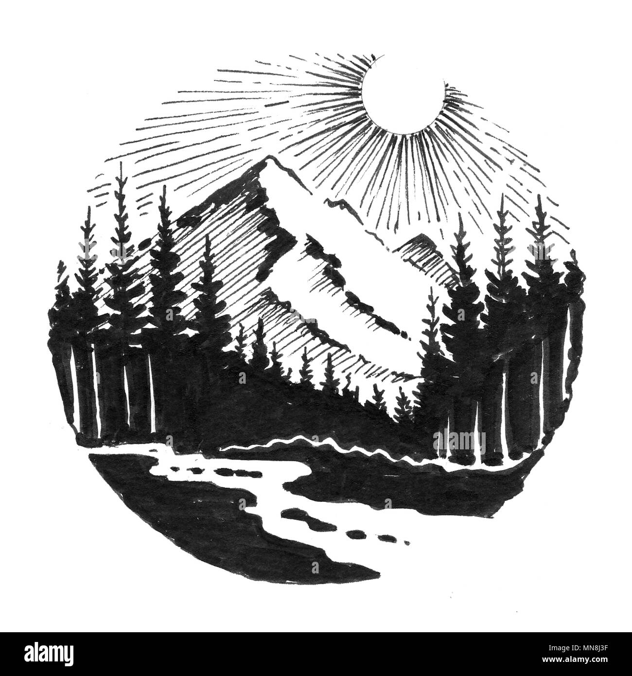 Río de montaña paisaje. Dibujo en blanco y negro de tinta Fotografía de  stock - Alamy