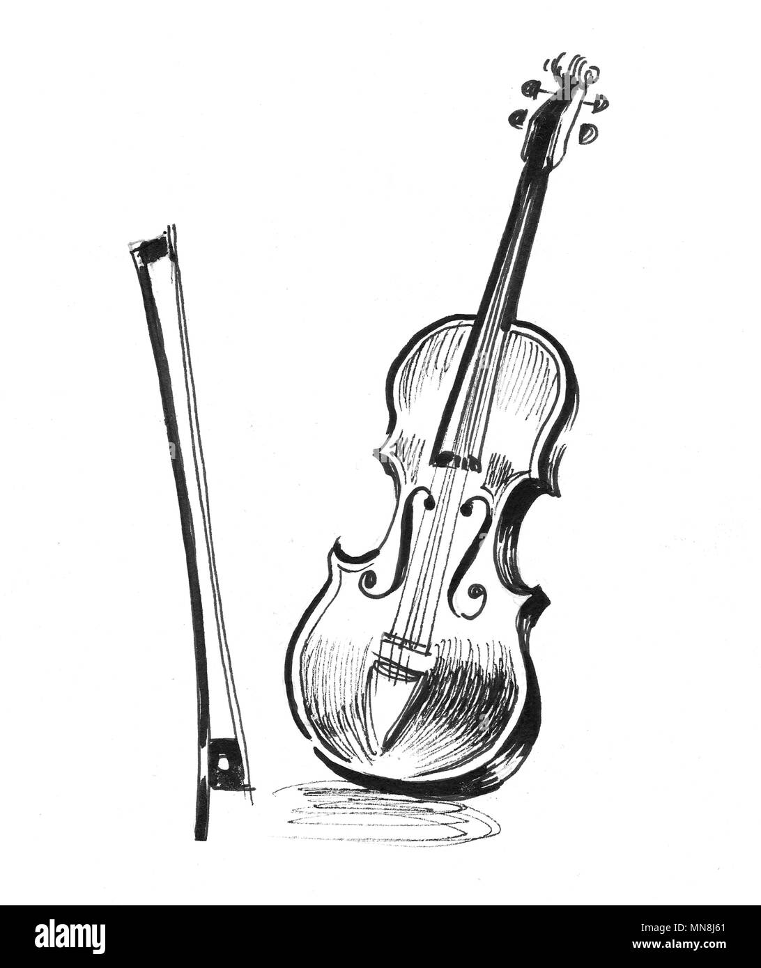 Violín instrumento musical. Ilustración en blanco y negro de tinta