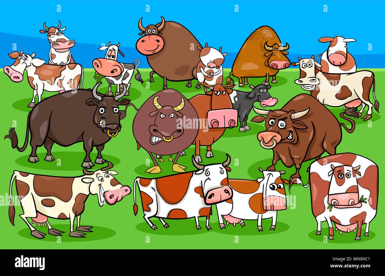 Ilustración caricatura divertida de vacas y toros granja animal grupo de  caracteres Imagen Vector de stock - Alamy