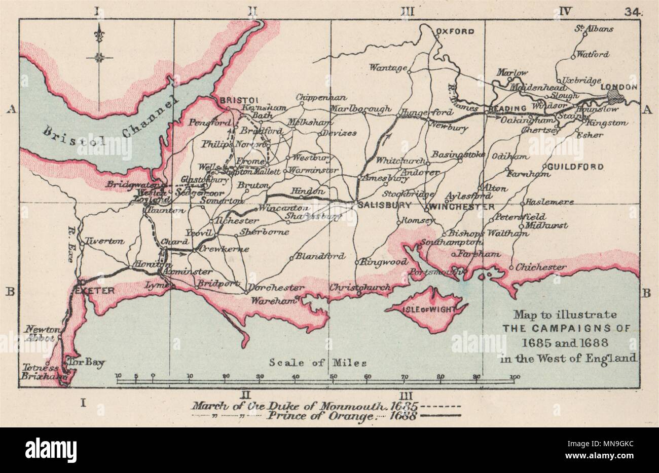 La Revolución Gloriosa de 1688. Guillermo de Orange. La rebelión de Monmouth 1685 1907 mapa Foto de stock