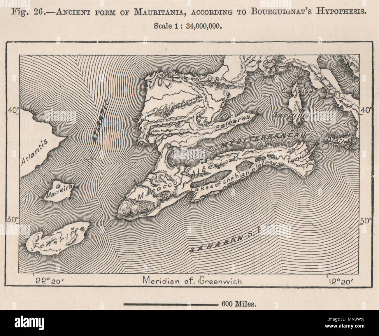 La antigua Mauritania, por Bourguignat. Muestra la Atlántida del norte de África 1885 viejo mapa Foto de stock