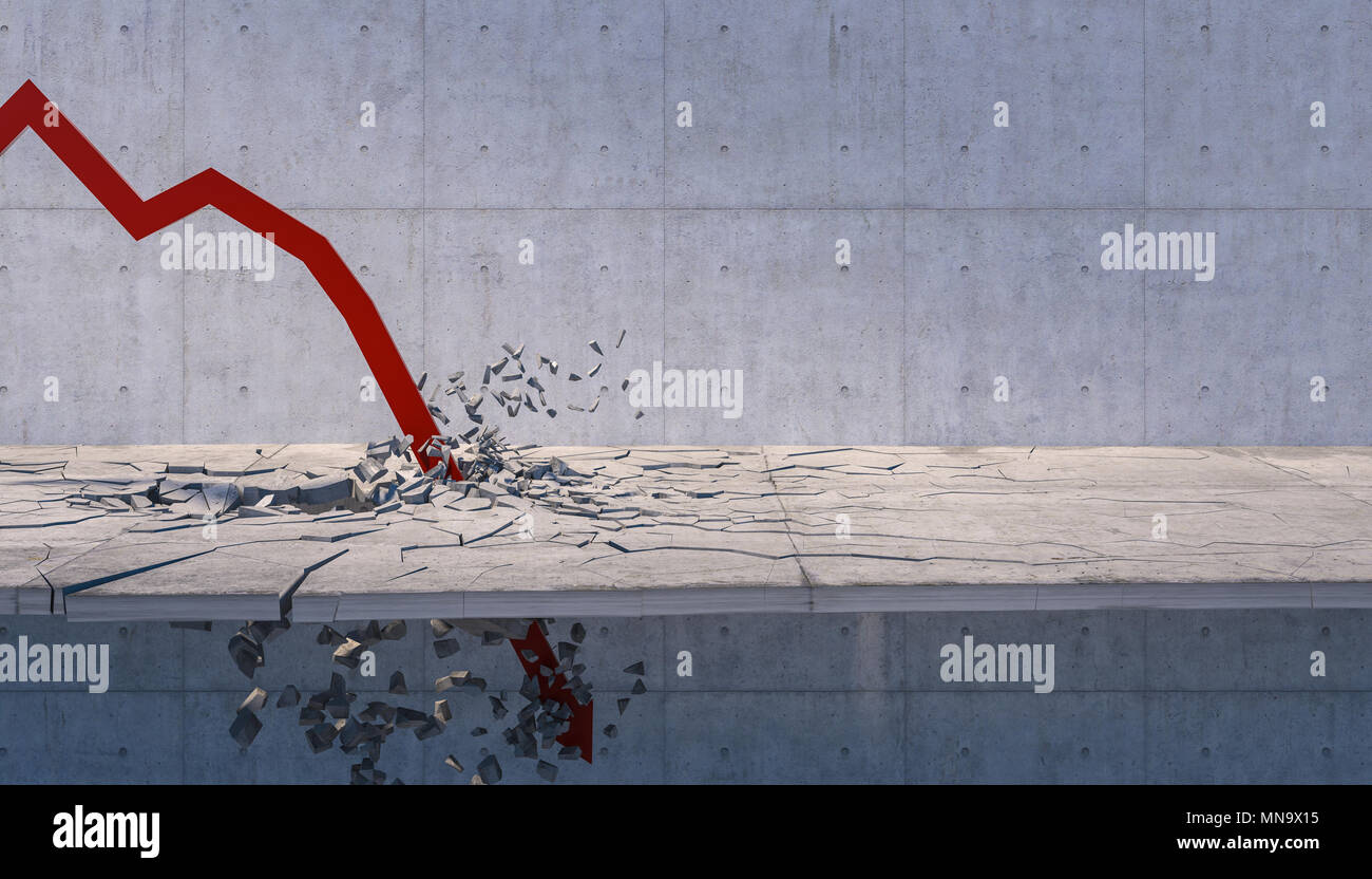 3D rendering de rojo flechas financiera rompió piso de hormigón Foto de stock