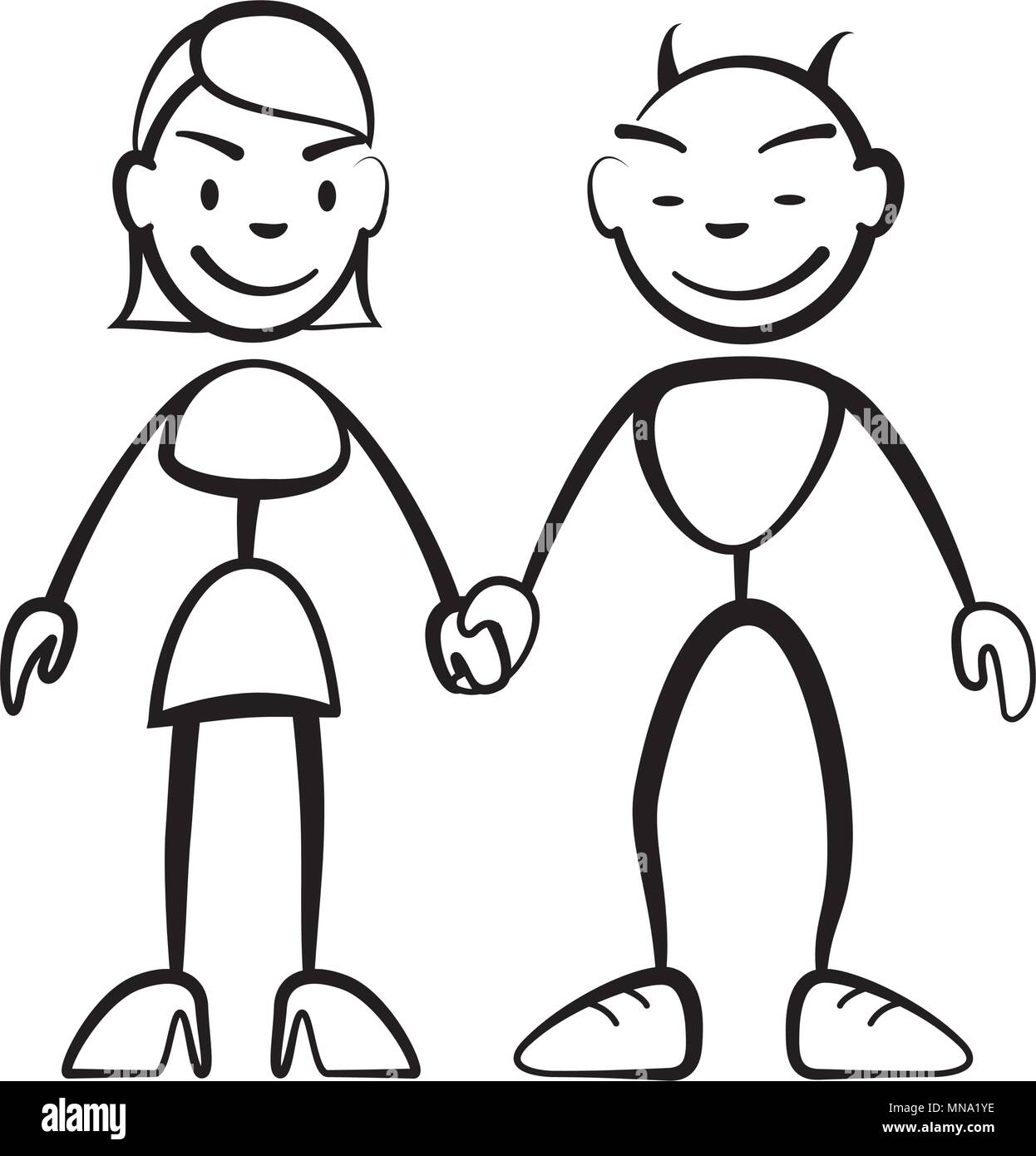Stick figura mujer y demonio de la mano, dibujo vectorial sobre fondo  blanco Imagen Vector de stock - Alamy