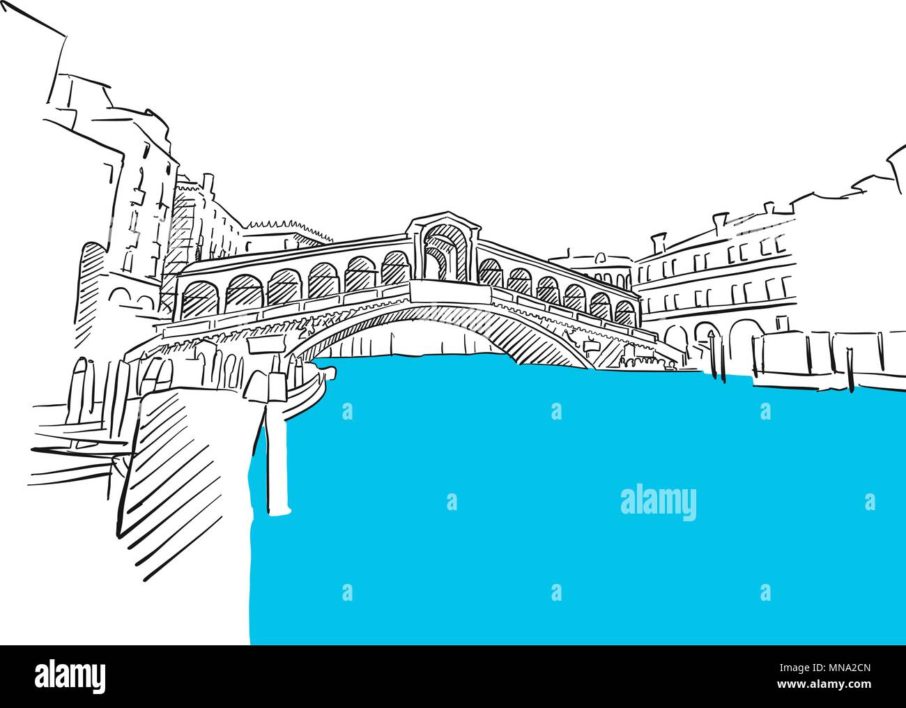 Puente Rialto Venecia y el agua azul boceto, dibujado a mano contorno vectorial ilustración ilustración Ilustración del Vector