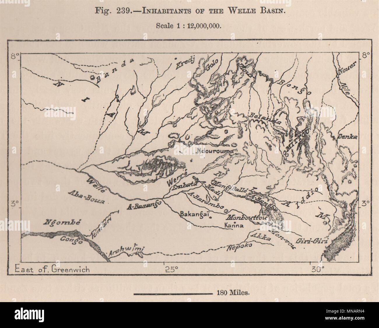 Habitantes de la Welle (cuenca del río Uele). Congo. Cuenca del Congo 1885 viejo mapa Foto de stock