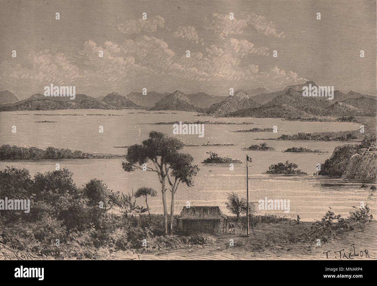 Stanley Pool. Piscina Malenbo - Vista desde Brazzaville. Congo 1885 impresión antigua Foto de stock