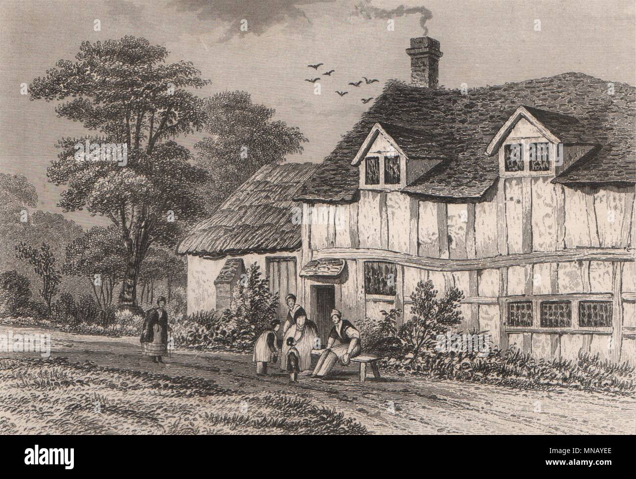 Lugar de nacimiento de John Bunyan, Elstow, Bedfordshire. DUGDALE 1845 impresión antigua Foto de stock