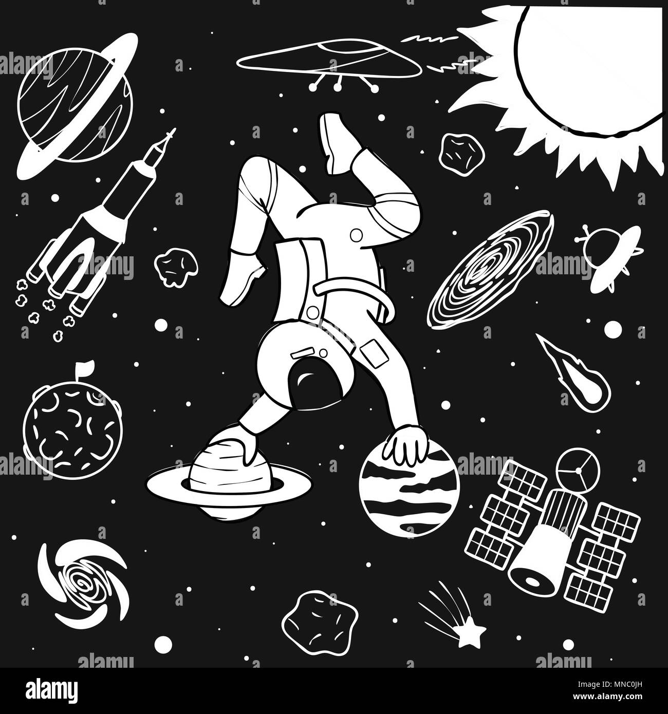 Gracioso astronauta haciendo yoga en espacio planetsin diseño para