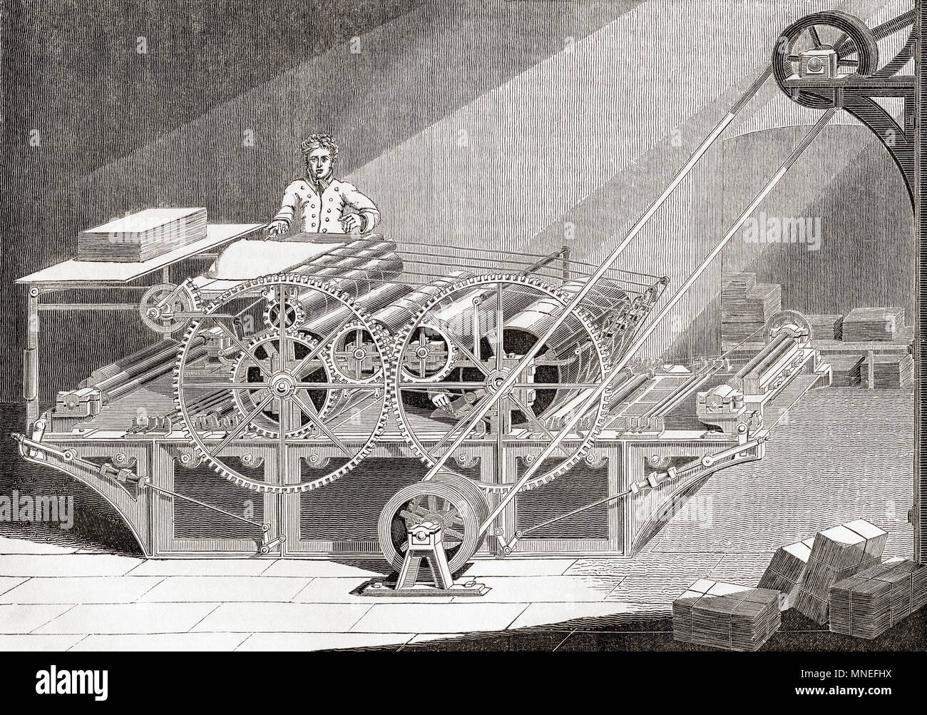 Un edificio del siglo XIX, el vapor de la máquina de impresión. Desde Inglaterra vieja: un museo pictórico, publicado 1847. Foto de stock