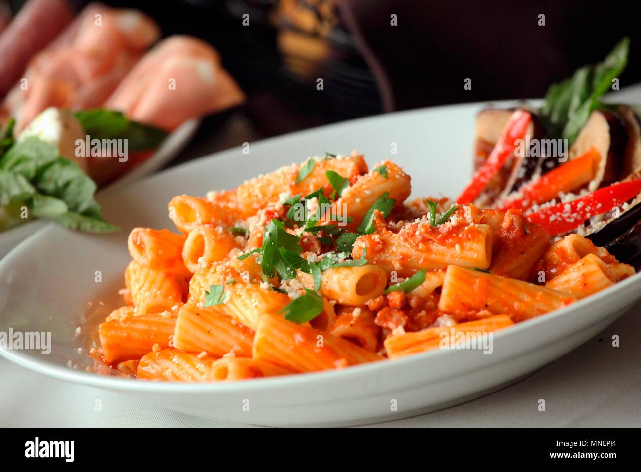 Rigatoni con salsa de tomate sobre la placa (Italia) Foto de stock