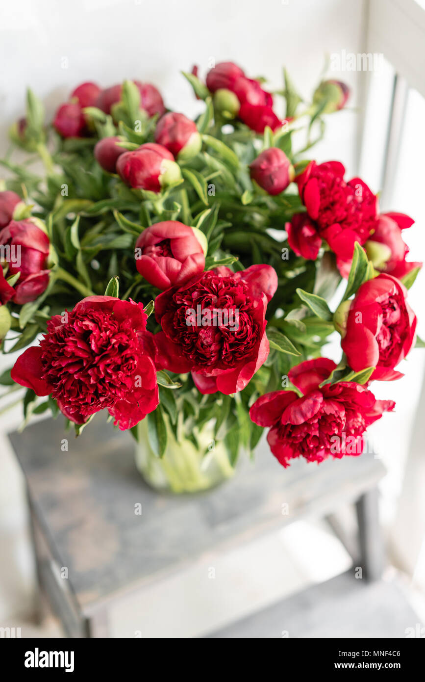 Hermosas flores en jarrón de cristal. Precioso ramo de peonías rojas .  Composición floral, la escena, la luz del día. Papel tapiz. Foto vertical  Fotografía de stock - Alamy