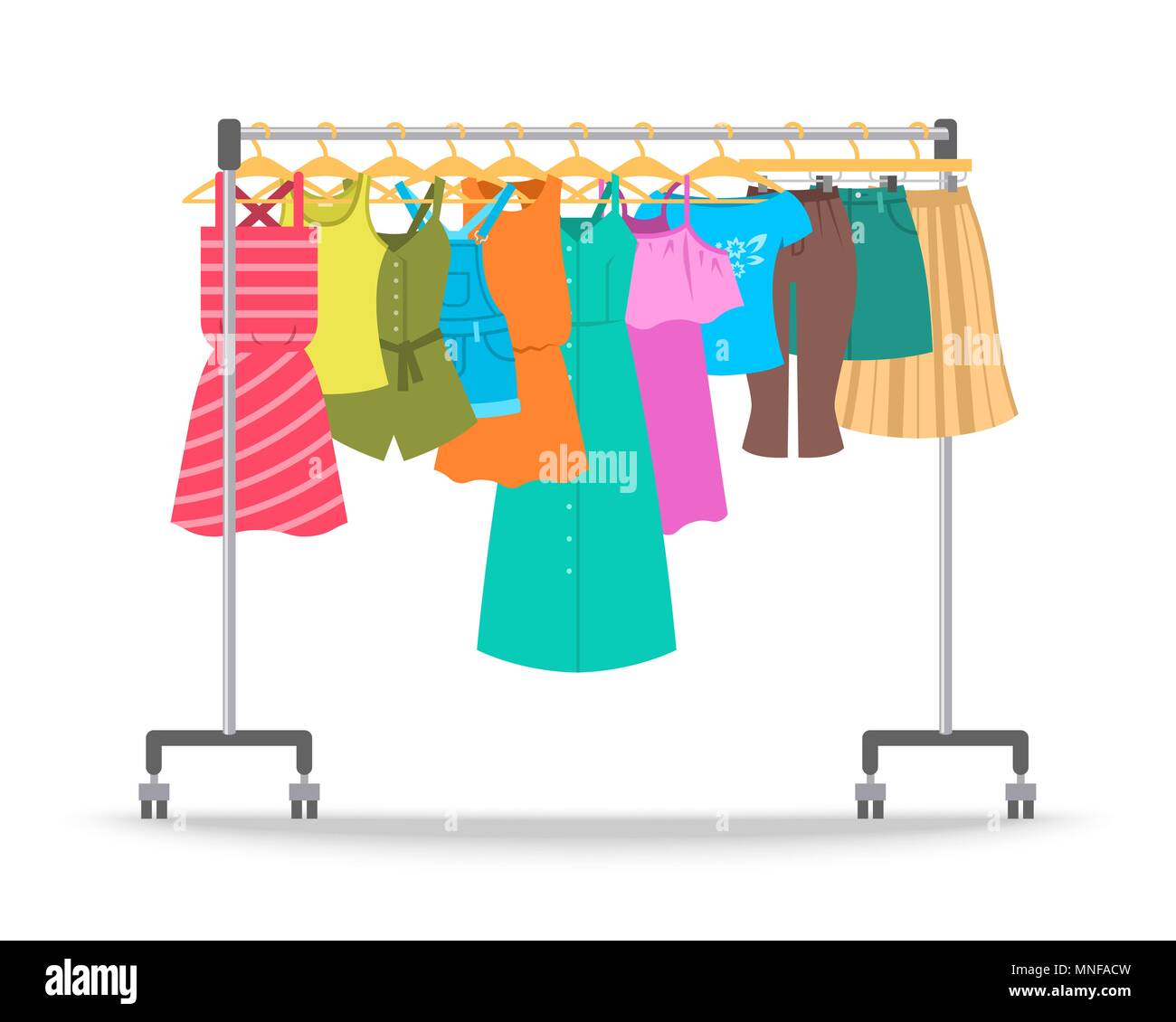 Mujer ropa casual de verano en Hanger rack. Estilo plano ilustración Indumentaria femenina colgando de la tienda soporte de exhibición rodante. Nueva moda ropa Vector de stock -