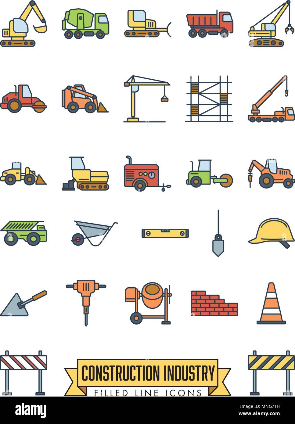 Maquinaria y herramientas de construcción industrial línea rellenada colección icono Ilustración del Vector