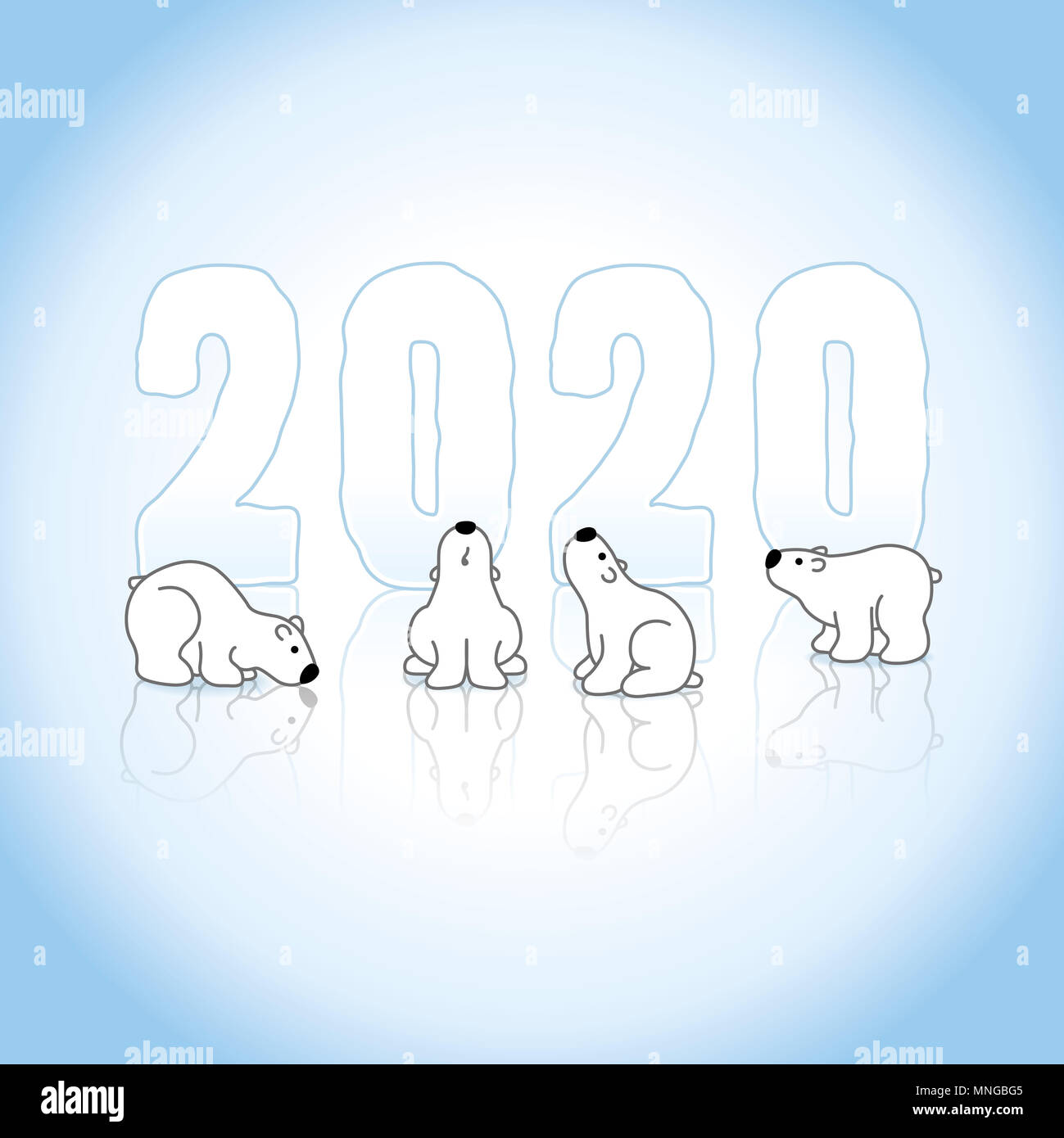 Cuatro osos polares en frente del nuevo año 2020 congelado en un azul hielo  frío con reflexiones de fondo Fotografía de stock - Alamy